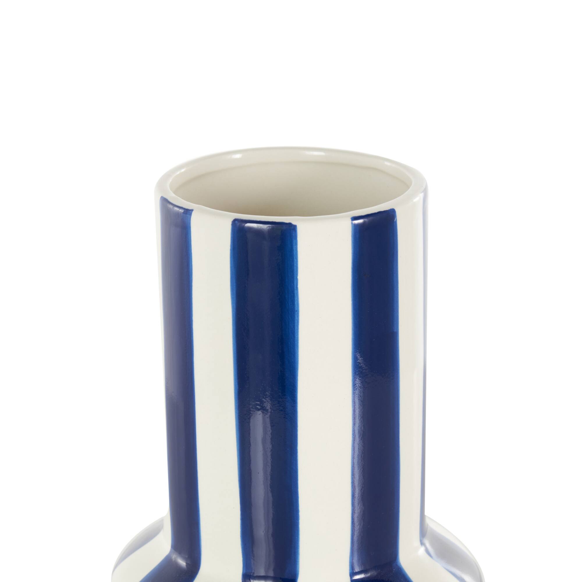 11" White & Blue Stripes Round Decorative Ceramic Vase